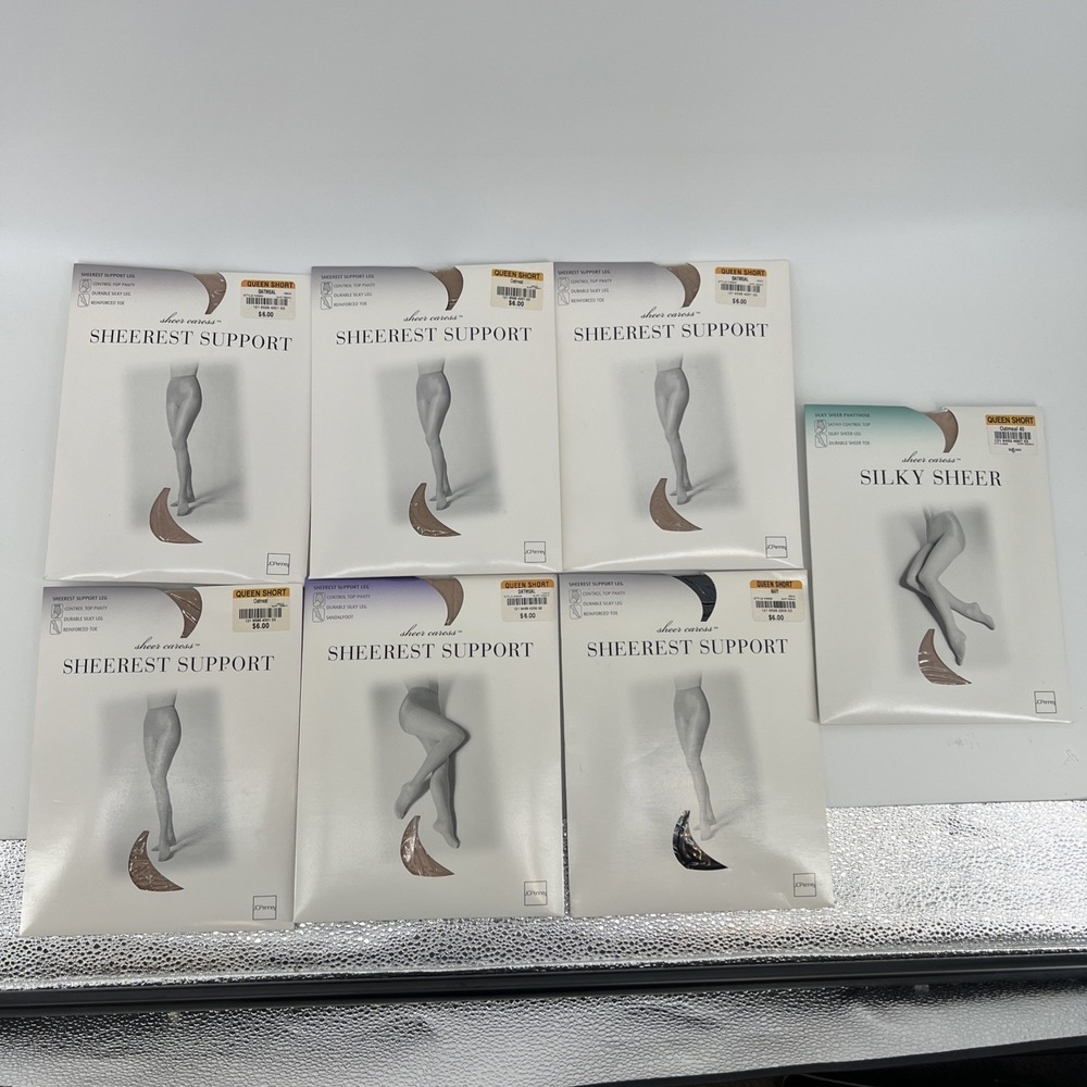 Lot Of 7 Sheer Caress Pantyhose - Queen Short - Oatmeal, Navy - New In Package